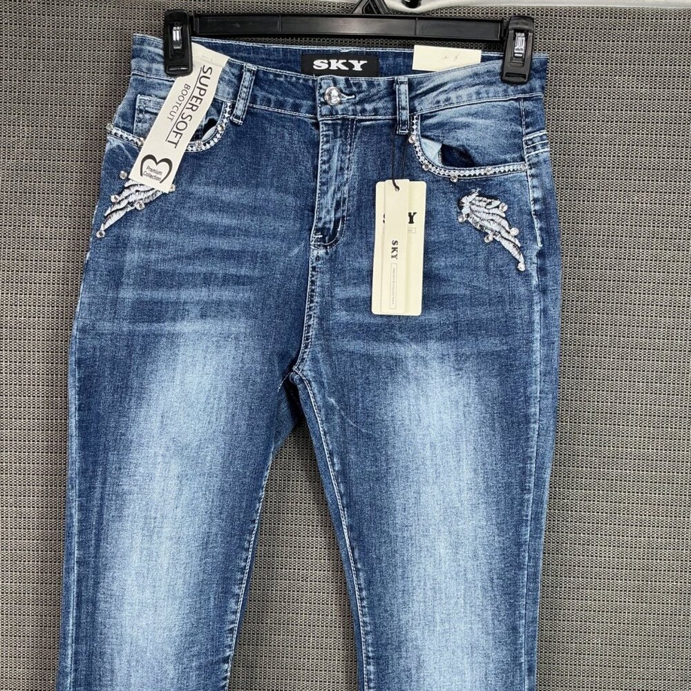 Sky Premium Women's Size 13 Blue Bootcut embellished Angel Wings Skull Jeans - Picture 6 of 12